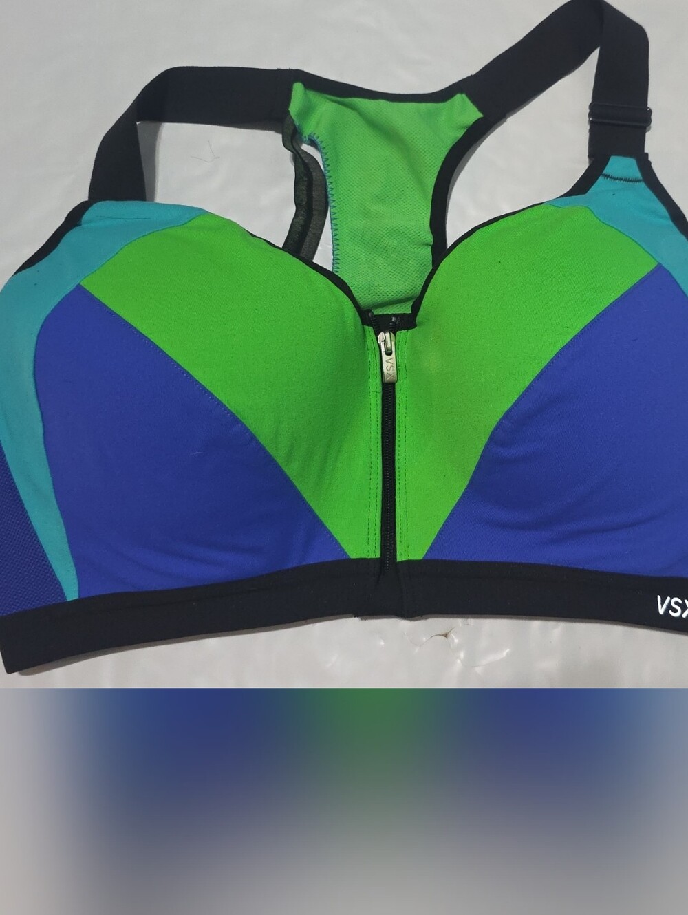 VSX Colorblock Front-Zip Sports Bikini Top in Blue, Teal & Green*DAMAGED*38D